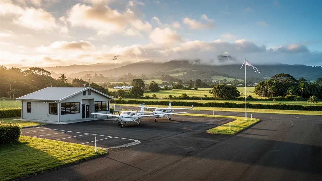 Pequeña terminal de aeródromo regional y avionetas ligeras aparcadas entre las verdes colinas de Northland en el aeropuerto de Kaikohe, Nueva Zelanda.