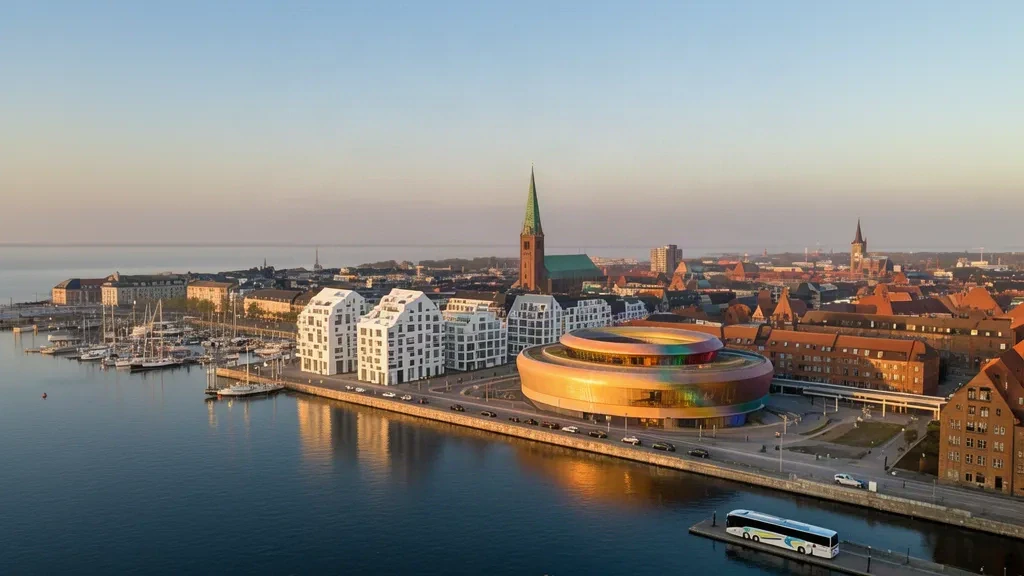 Skyline der Aarhus-Wasserkante in Mitteljütland zur goldenen Stunde mit ARoS-Museum und Hafenblick