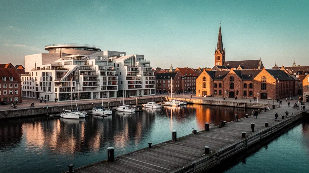 Front de mer et skyline d'Aarhus au coucher du soleil avec bâtiments portuaires modernes, entrepôts en brique et voiliers dans le Jutland central