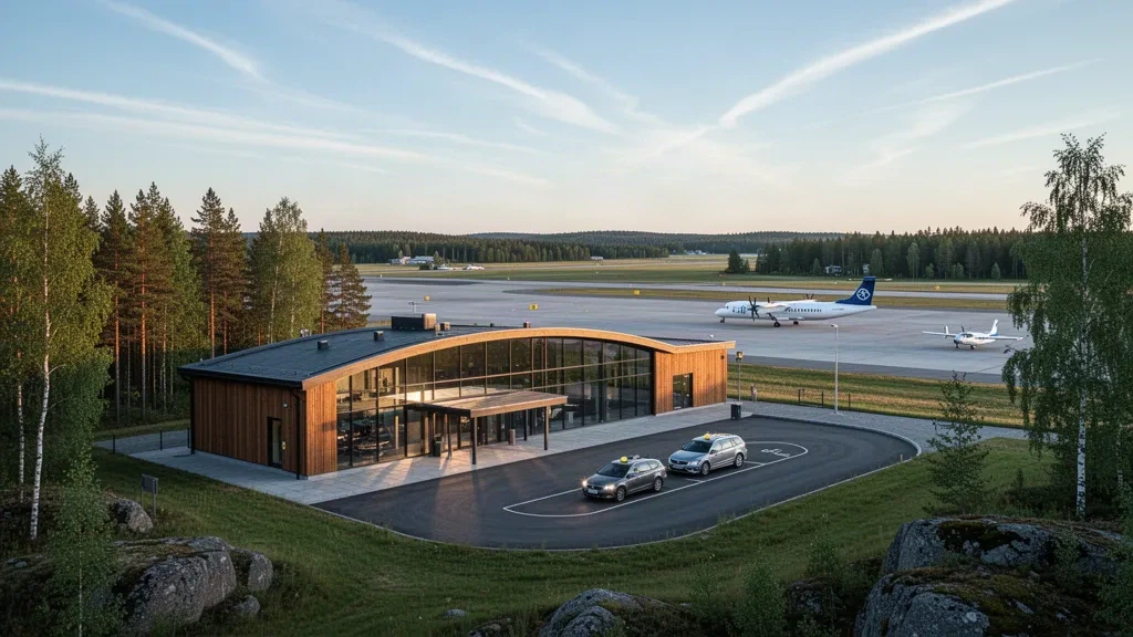 Modern glass and timber terminal at Karlstad Airport in Sweden, with a regional turboprop on the apron and pine forest in golden-hour light