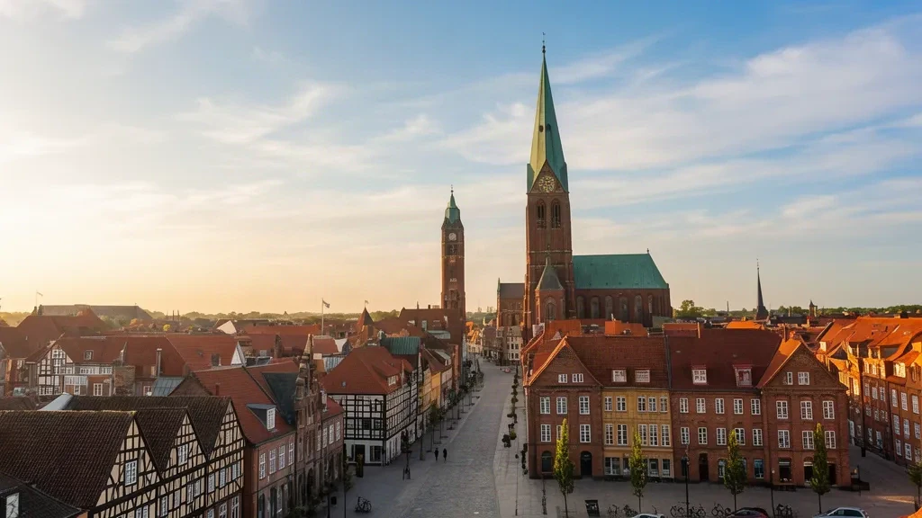 Vue à l'heure dorée sur Odense, dans le sud du Danemark, avec la flèche de la cathédrale Saint-Canute et les toits historiques au-dessus d'une rue pavée.