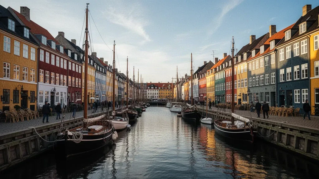 Maisons à pignons colorés et bateaux en bois amarrés le long du canal de Nyhavn à Copenhague, au Zealand, au Danemark, dans une lumière dorée
