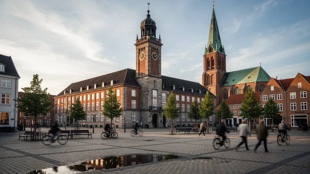 Güney Danimarka'da altın saatte Odense Belediye Binası ve Flakhaven meydanı, tuğla cephenin arkasında yükselen St. Canute Katedrali kulesiyle
