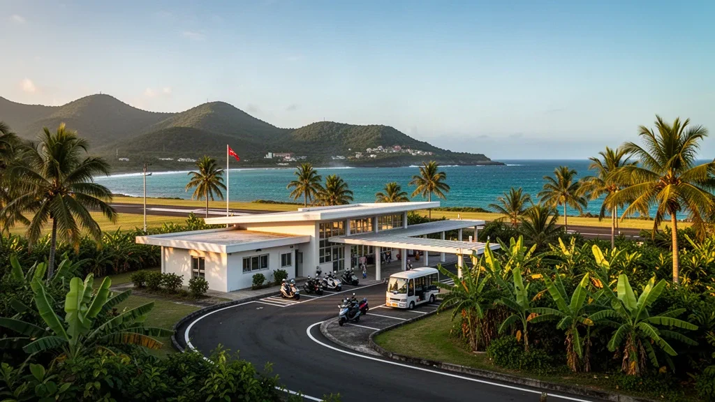 Terminal des Flughafens Lanyu auf der Insel Orchid Island, Taiwan, umgeben von tropischen Palmen, Küstenstraße und grünen Vulkanhügeln zur goldenen Stunde