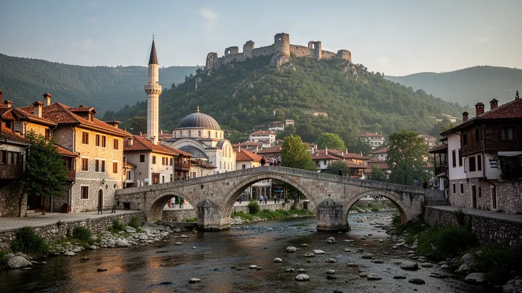 Centro storico di Prizren in Kosovo con la Moschea di Sinan Pasha, il ponte di pietra sul fiume Bistrica e la fortezza Kalaja sulla collina