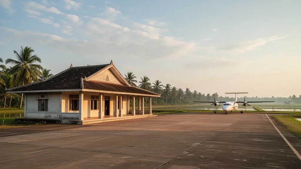 Terminal tropical de baja altura y plataforma de hormigón en el aeropuerto de Krakor, en Camboya, rodeada de palmeras y arrozales bajo una cálida luz de tarde