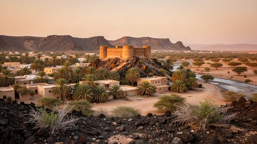 Fort historique en pierre sur une élévation rocheuse surplombant la ville-oasis aride de Dikhil à Djibouti à l'heure dorée