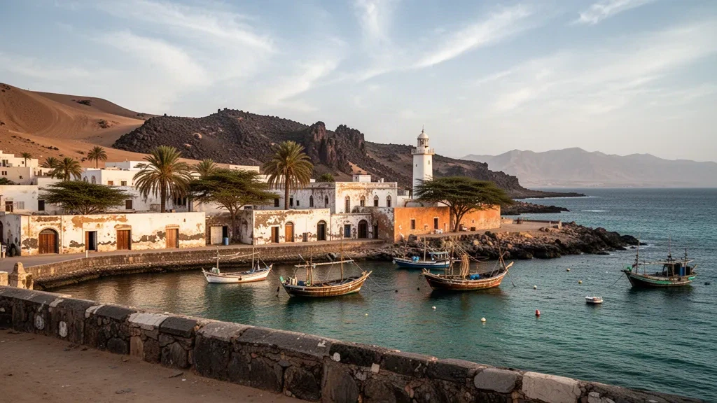 Lungomare coloniale imbiancato e dhow tradizionali nel porto di Obock, Gibuti, con colline aride sullo sfondo durante l'ora d'oro