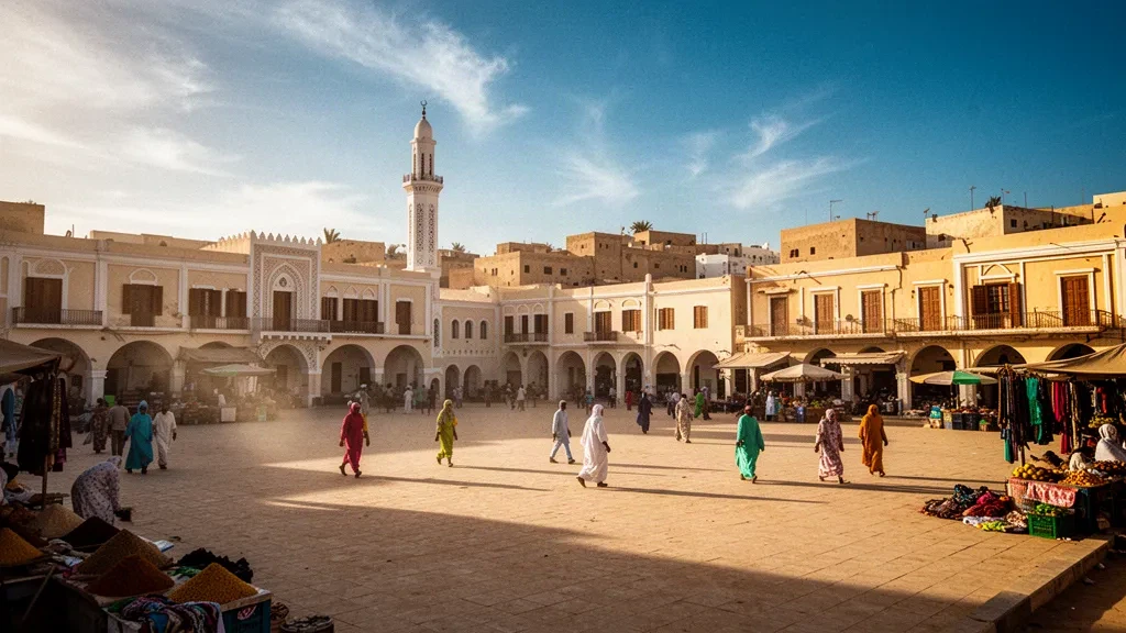 Blick zur goldenen Stunde auf den Place Menelik in Dschibuti-Stadt, mit kolonialen Arkaden, dem Minarett der Hamoudi-Moschee und Einheimischen, die den Platz überqueren
