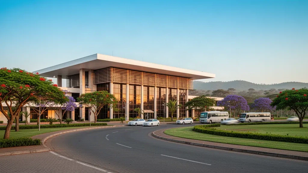 Moderne Glasfassade des Terminals am Kamuzu International Airport in Lilongwe, Malawi, beleuchtet von warmem Spätnachmittagslicht