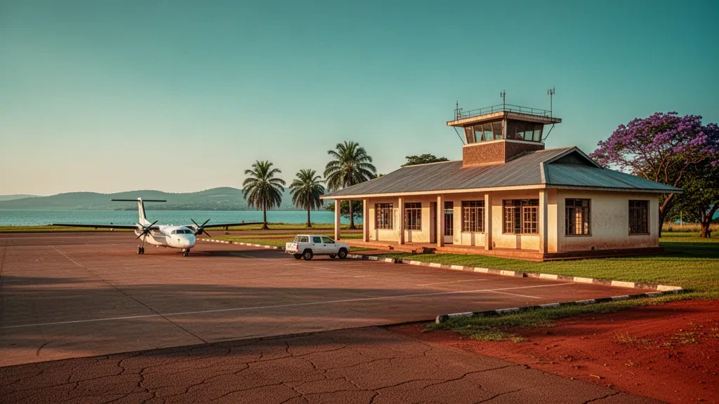 Small regional airport terminal and apron at Salima Airport in Malawi with a parked turboprop under warm late-afternoon light