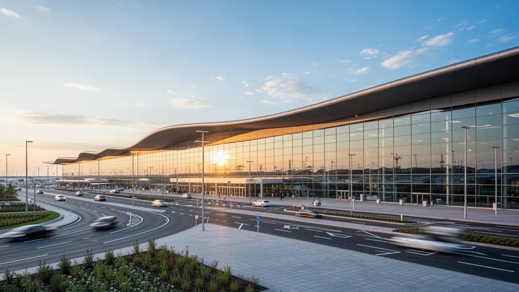 Modern glass terminal exterior at Berlin Brandenburg Airport with access roads and drop-off lanes at golden hour
