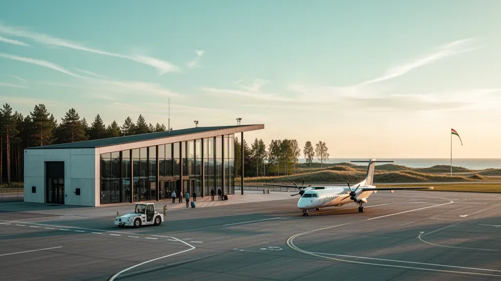 Modernes Glasterminal und Vorfeld am Flughafen Liepāja International in Lettland, aufgenommen zur goldenen Stunde mit einem parkenden Regionalflugzeug