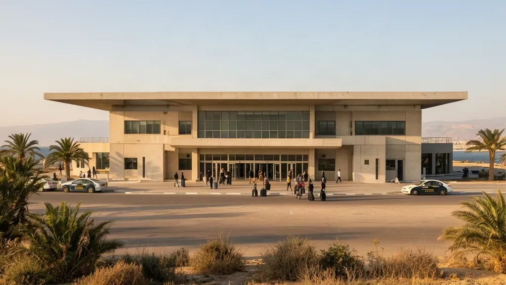 Extérieur du terminal de l'aéroport international de Lattaquié en Syrie avec des voyageurs et des palmiers sous la lumière chaude d'une fin d'après-midi côtière