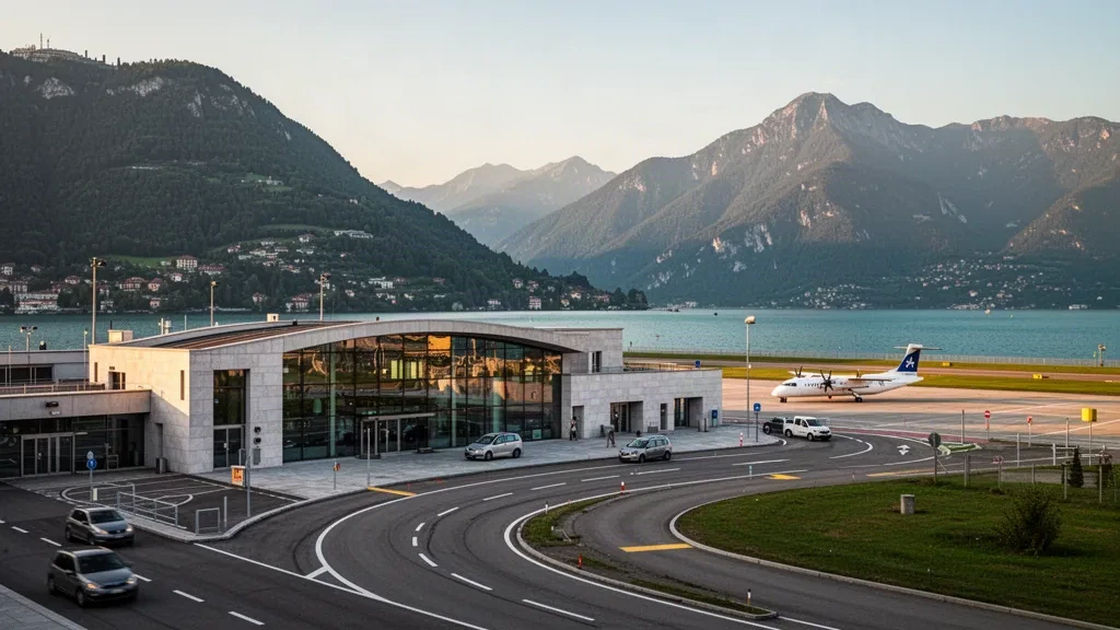 Agno, İsviçre'deki Lugano Havalimanı'nda altın saatlerde Lugano Gölü ve Alp dağlarıyla çevrili modern cam terminal ve bırakma şeridi