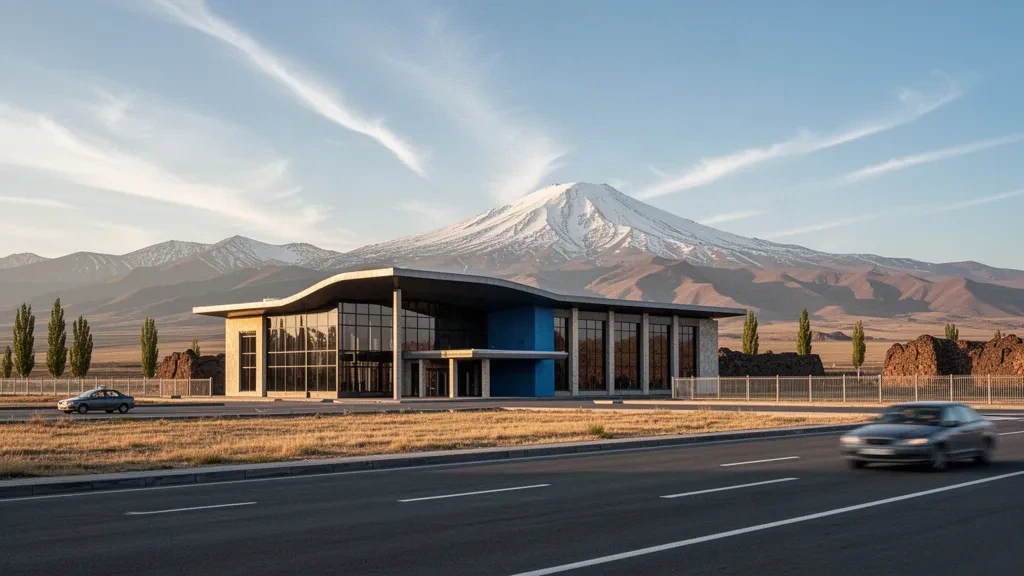 Moderno terminal in vetro e corsia di sosta vuota presso l'Aeroporto Internazionale Shirak vicino a Gyumri, Armenia, illuminati dalla calda luce dorata del tramonto contro le montagne vulcaniche