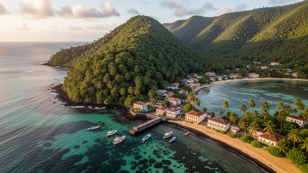 Turquoise Soufrière Bay and lush forested headland on the Caribbean coast of Saint Mark Parish, Dominica