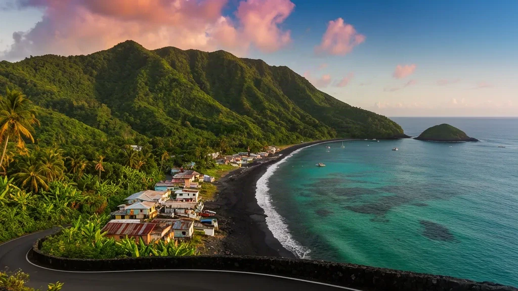 Soufrière Bay e il tombolo di Scotts Head sulla costa sudoccidentale di Dominica durante l'ora d'oro, con rigogliose colline vulcaniche e acque calme dei Caraibi