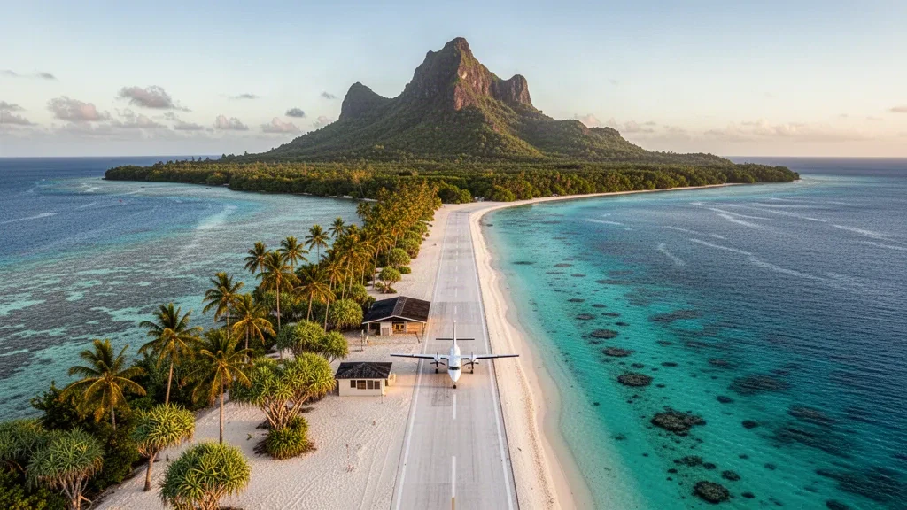 Aerial view of the narrow Maupiti Airport runway set between turquoise lagoon water and Mount Teurafaatiu in French Polynesia