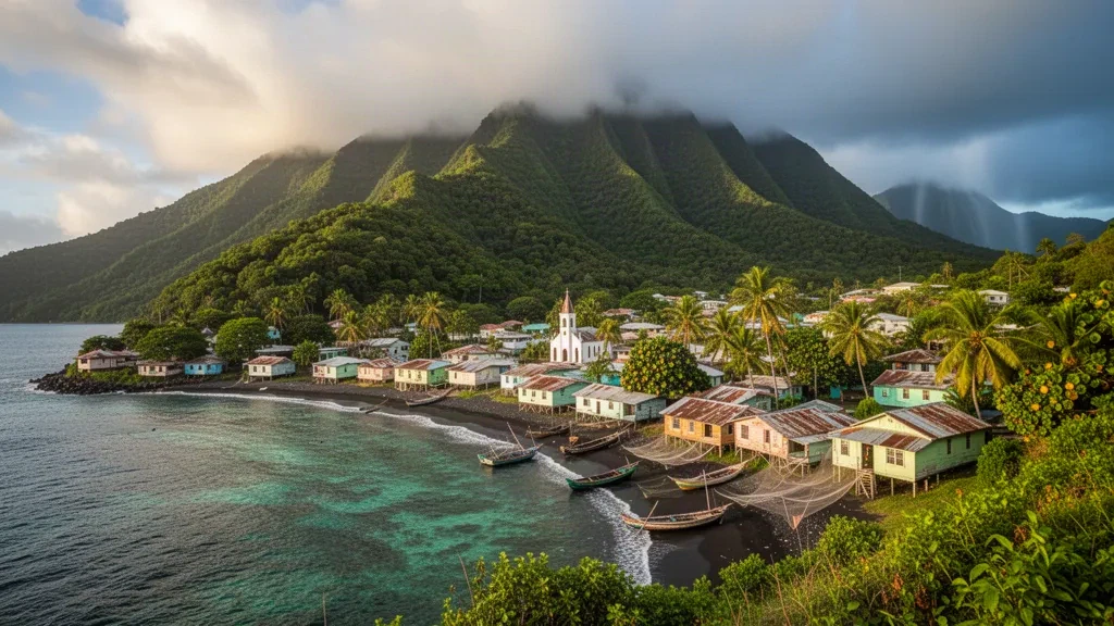 Vue côtière de Grand Bay dans la paroisse de Saint Patrick, Dominique, avec des maisons colorées, des palmiers et des collines volcaniques verdoyantes au-dessus de la mer des Caraïbes