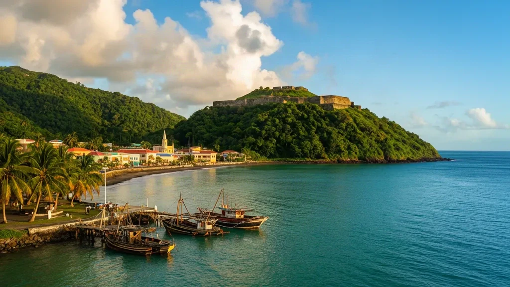 Karibisches Ufer von Portsmouth, Dominica mit Prince Rupert Bay, der Landzunge Cabrits und Fort Shirley im warmen Nachmittagslicht