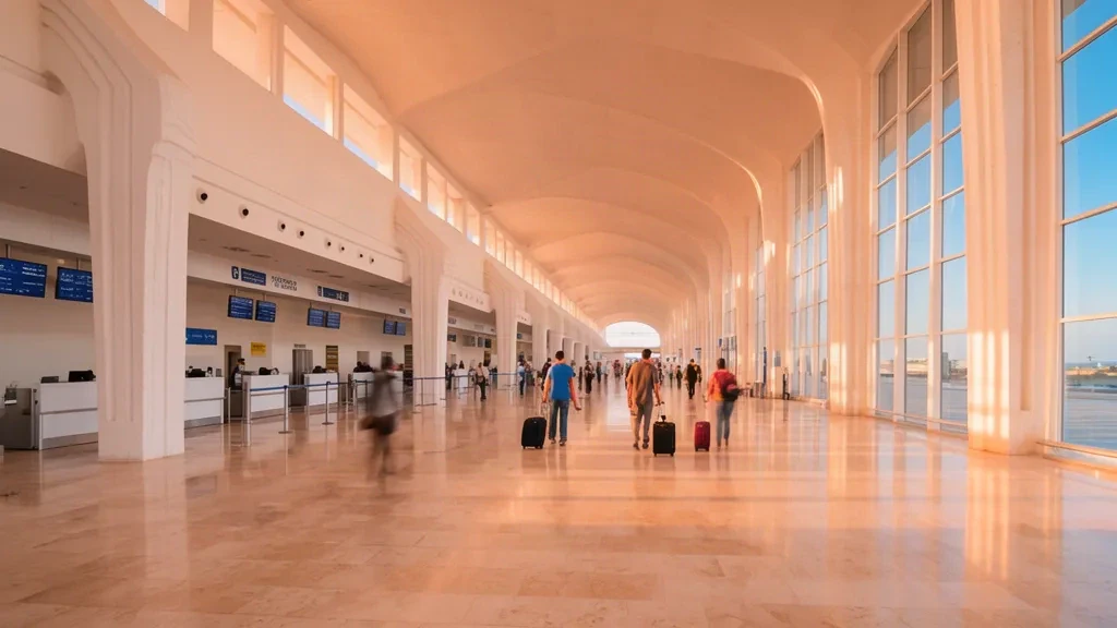 Sonnenbeschienenes Terminalinterieur am internationalen Flughafen Monastir Habib Bourguiba in Tunesien mit Reisenden und Check-in-Schaltern