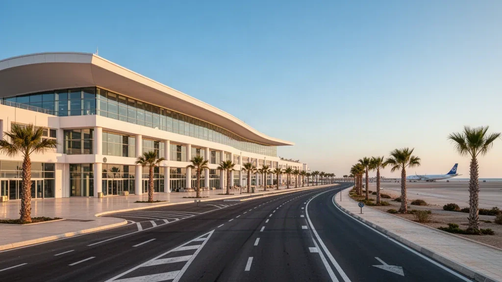 Exterior de una terminal moderna en el aeropuerto internacional Monastir Habib Bourguiba, en Túnez, rodeada de palmeras y con la luz dorada del atardecer en la costa.