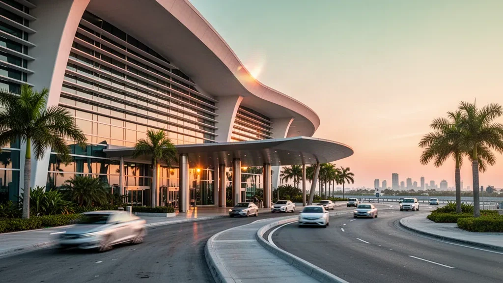 Modern glass terminal exterior and palm-lined drop-off lanes at Miami International Airport glowing at golden hour