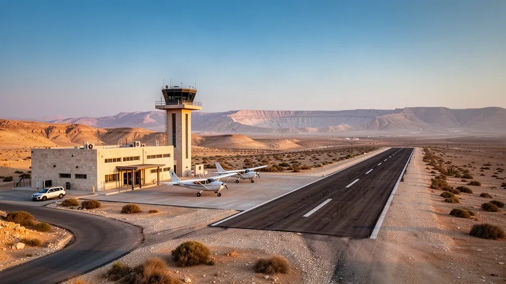 Piccolo aerodromo desertico con una sola pista e torre di controllo sull'altopiano roccioso del Negev vicino a Mitzpe Ramon in Israele.