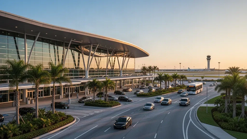 Modern terminal exterior and drop-off lanes at Melbourne Orlando International Airport in Florida during golden hour