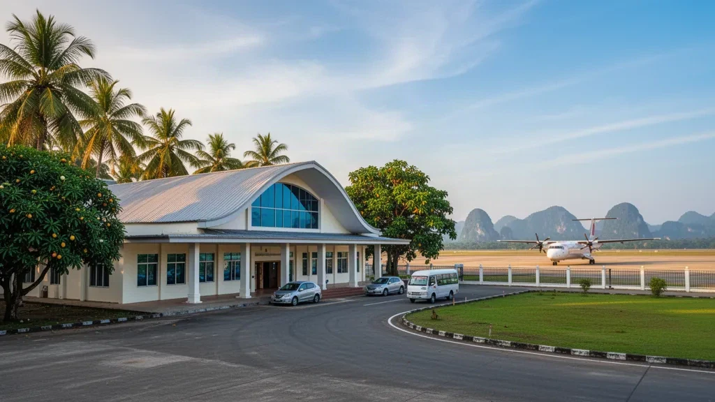 Piccolo terminal tropicale e piazzale dell'aeroporto di Mawlamyine in Myanmar, con un aereo a turboelica nella calda luce del tardo pomeriggio