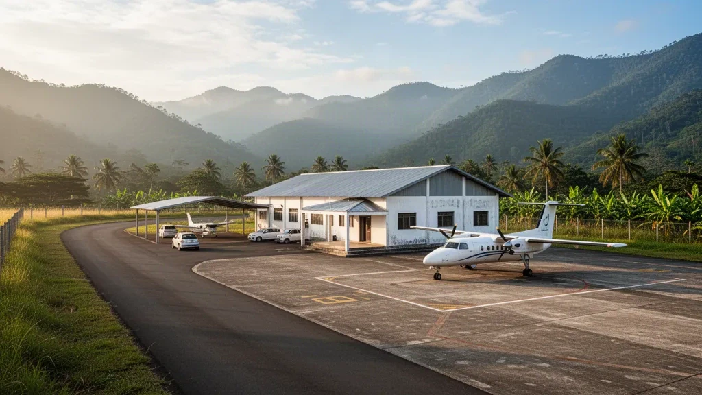 Piccolo terminal tropicale e pista di atterraggio all'Aeroporto di Maliana sugli altopiani verdi di Timor Est sotto la calda luce del mattino