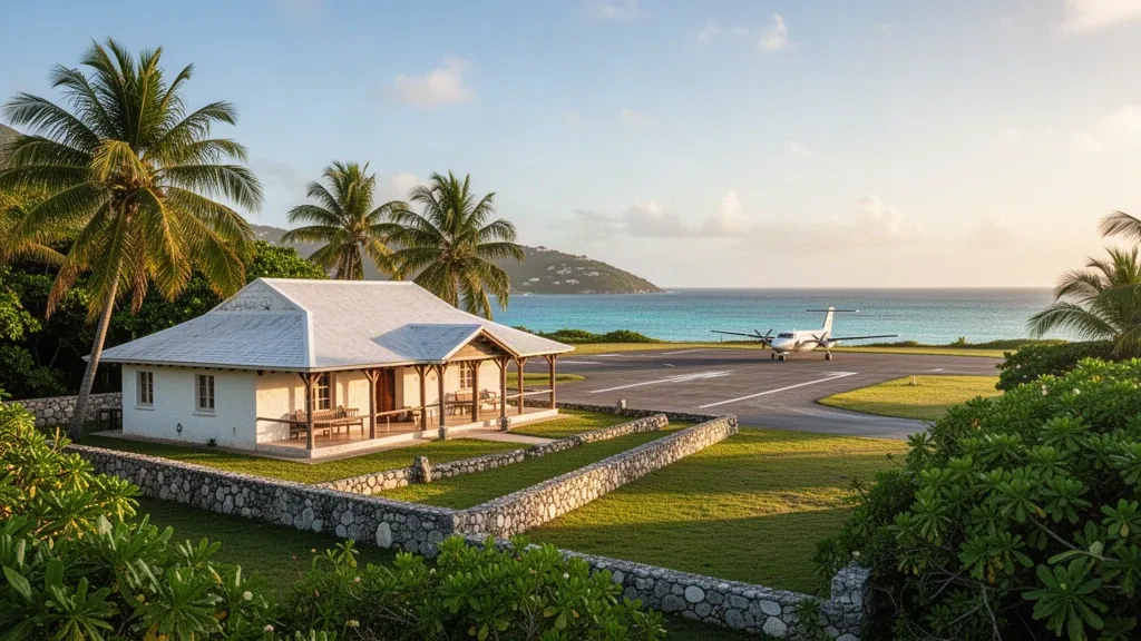 Pequeña terminal de aeropuerto isleño y pista corta en Mustique, San Vicente y las Granadinas, con palmeras y mar turquesa