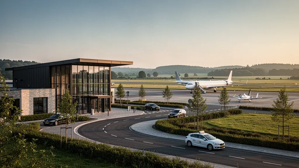 Esterno moderno del terminal in vetro e corsia di sosta all'Aeroporto di Maastricht Aachen, con piazzale, pista e verde campagna del Limburgo in calda luce dorata