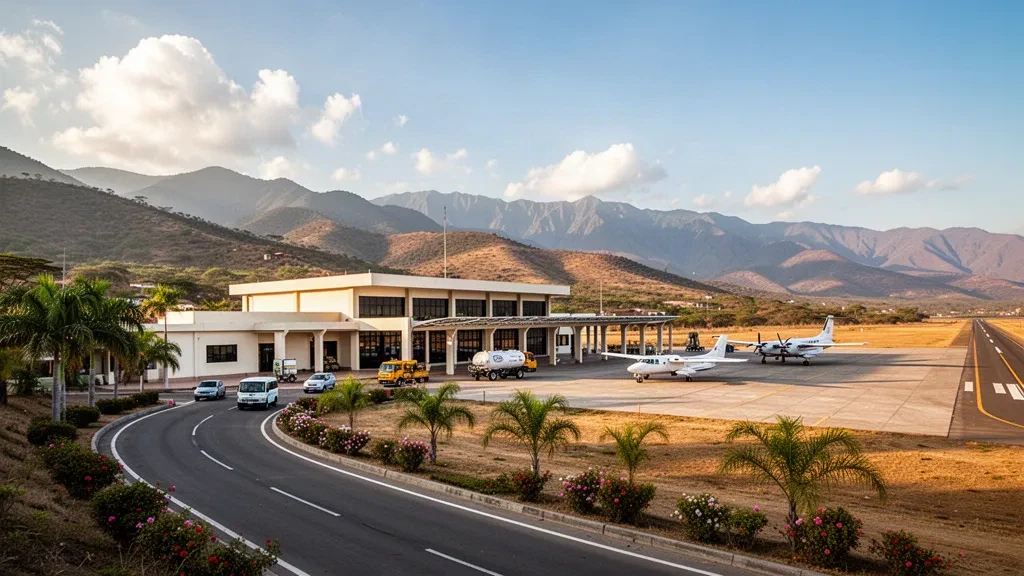 Ekvador'un Macará kentindeki José María Velasco Ibarra Havalimanı'nda alçak terminal binası ve giriş yolu, altın saatte apronda hafif uçaklar