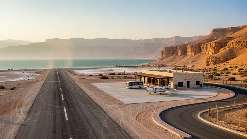 L'aéroport de Bar Yehuda près de la mer Morte, avec sa piste dans le désert, son petit terminal et les falaises arides du désert de Judée dans une lumière dorée