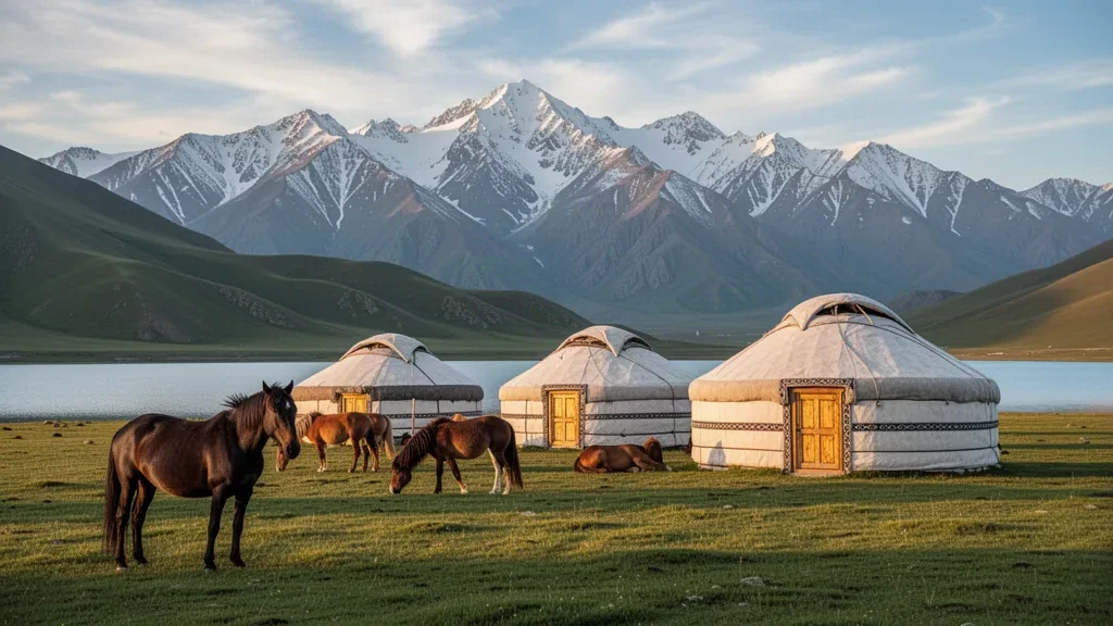 Traditionelles Jurtencamp auf einer grünen Weide am See Song-Köl mit grasenden Pferden und schneebedeckten Tian-Shan-Bergen in Kirgisistan