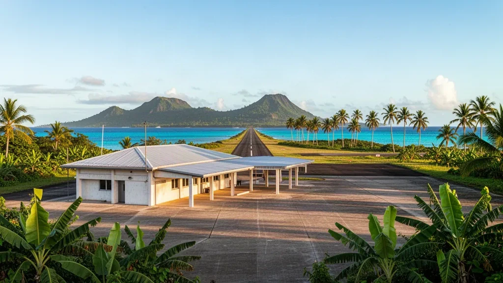 Terminal tropical de una sola planta y pista en el Aeropuerto de Maota en Savai'i, Samoa, rodeada de palmeras bajo un cielo pacífico despejado