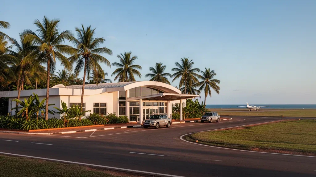 Esterno moderno di un terminal basso all'aeroporto di Mtwara nel sud della Tanzania, incorniciato da palme tropicali sotto un caldo cielo costiero