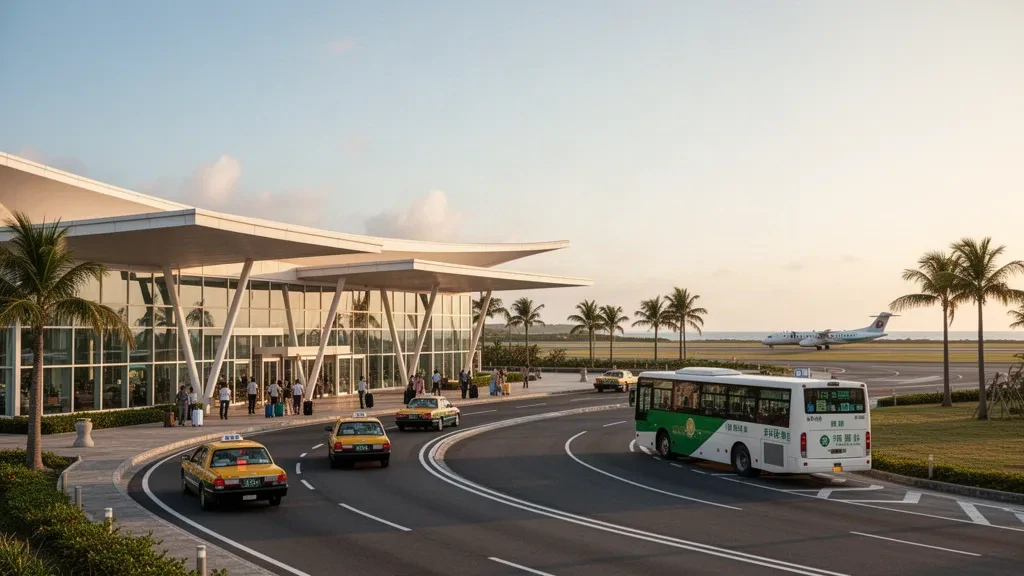 Esterno moderno del terminal dell'Aeroporto di Penghu Magong a Taiwan durante l'ora d'oro, con facciata in vetro, strada d'accesso e paesaggio insulare.