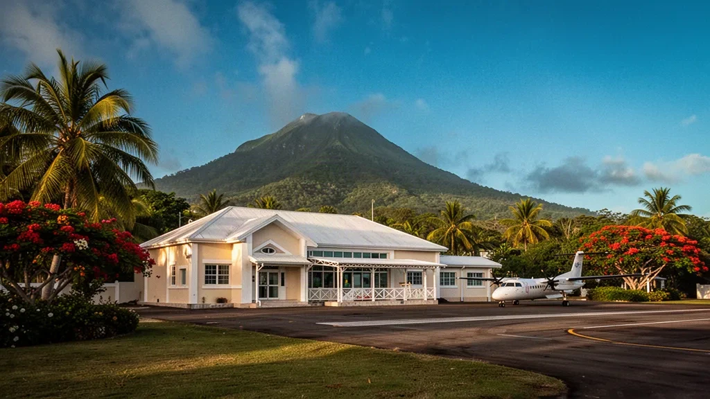 Terminal tropical y plataforma rodeada de palmeras en el Aeropuerto Internacional Vance W. Amory en Nevis, con colinas verdes y cálida luz caribeña.