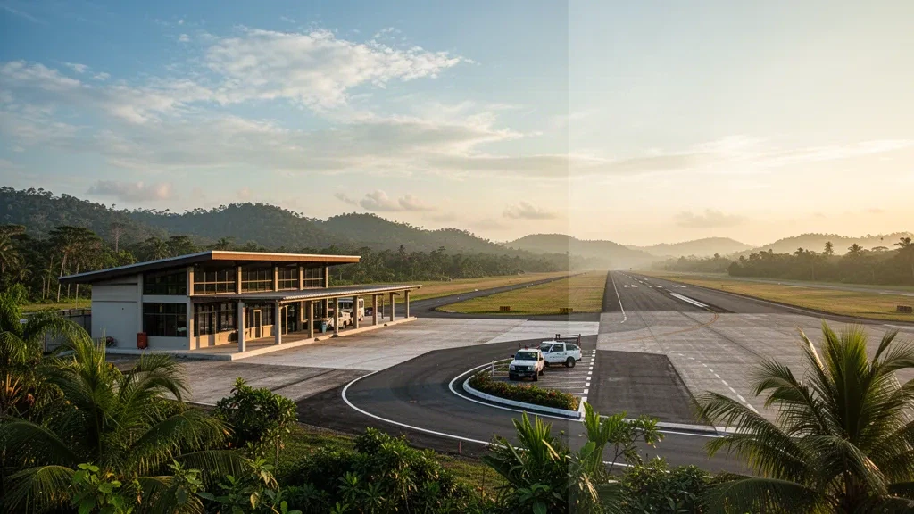 Kleine regionale Flugplatzterminal-Pavillon, asphaltierte Start- und Landebahn und Vorfahrtstraße am Nkan Airstrip im warmen Licht der goldenen Stunde