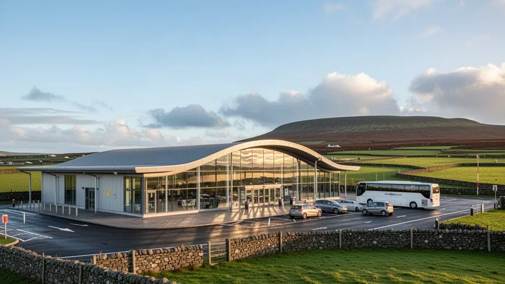 Exterior moderno de terminal acristalada en el aeropuerto de Ireland West Knock, en el condado de Mayo, rodeado de campos verdes y la suave luz dorada del Atlántico al atardecer