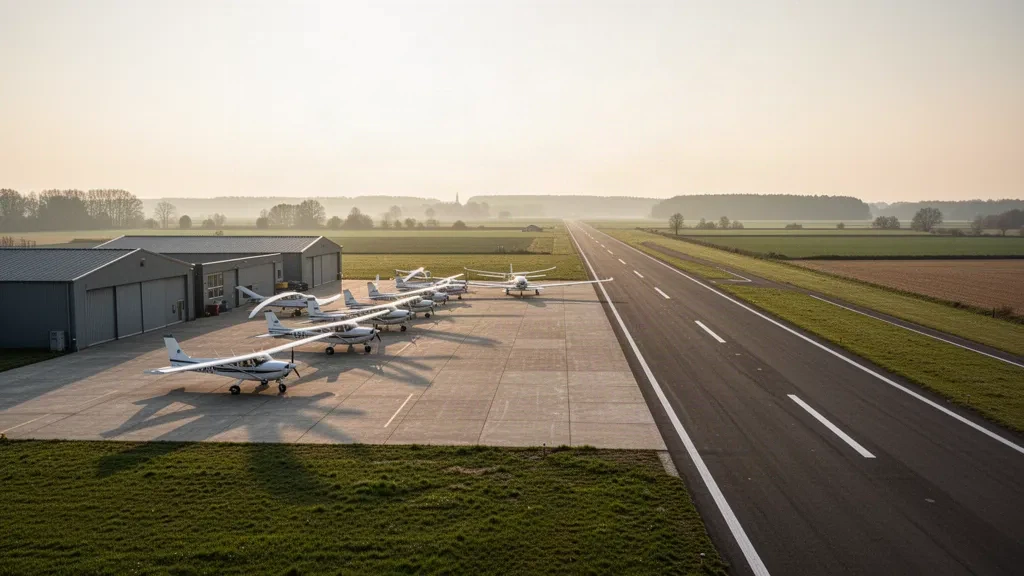 Avion léger stationné près de hangars et d'une piste tranquille à l'aérodrome d'Oostmalle en Belgique, sous une douce lumière de fin d'après-midi