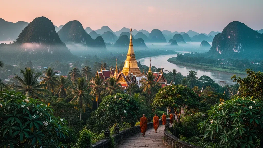 Goldener Tempel auf dem Berg Phousi mit Blick auf Luang Prabang und den Mekong bei nebligem Sonnenaufgang in Laos