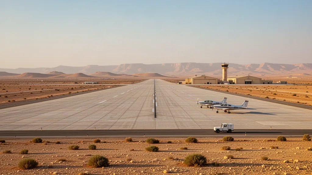 Terrain d'aviation désertique de King Hussein Air College près de Mafraq, en Jordanie, avec piste, hangars et avions d'entraînement dans une lumière dorée chaleureuse