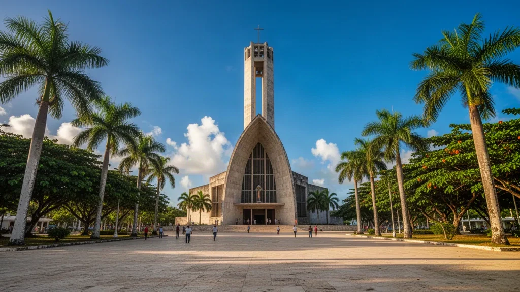 Basílica de Nuestra Señora de la Altagracia in Higüey, La Altagracia, Dominican Republic, framed by palms under a tropical sky