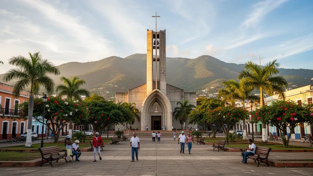 Blick zur goldenen Stunde auf die Altagracia-Kathedrale von La Vega und den grünen zentralen Platz mit der Cordillera Central im Hintergrund, Dominikanische Republik