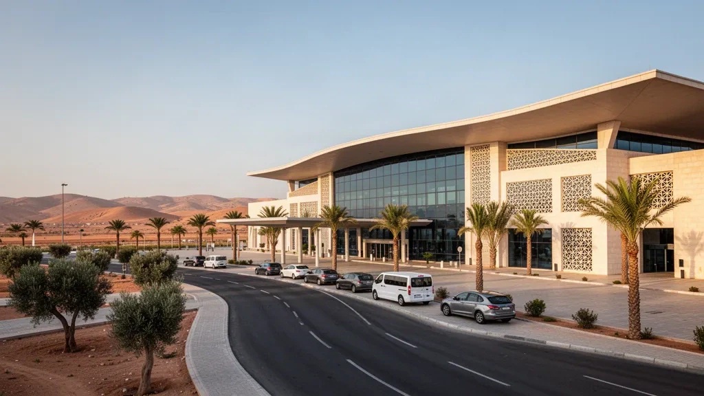 Exterior moderno de terminal acristalada en el aeropuerto internacional Ahmed Ben Bella de Orán Es-Sénia a la hora dorada, con carriles de bajada flanqueados por palmeras y vías de acceso