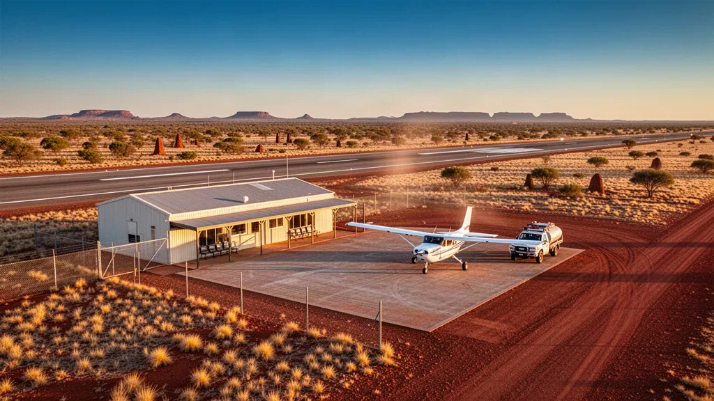 Small remote airstrip at Morney Airport in outback Queensland, with a light aircraft on the apron at golden hour.